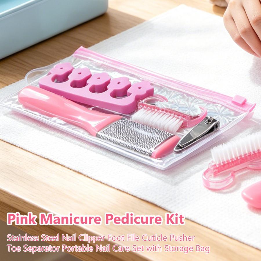 Portable Manicure Pedicure Nail Care Kit, 5Pcs Nail Clipper Foot File Cuticle Pusher Toe Separators with Bag