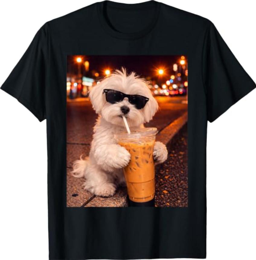 Maltese Dog Funny Drinking Iced Coffee Dogs Meme T-Shirt