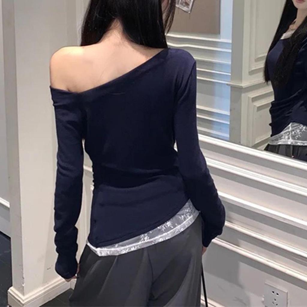 Women's Off-Shoulder Lace Splicing Long-Sleeve Top - Sexy Slim-Fit for Spring/Autumn 2026