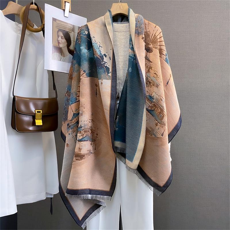 Design Oil Floral Printde Cashmere Scarf Women Winter Pashmina Shawls And Wraps Thick Warm Bufanda Stoles Blanket Luxury