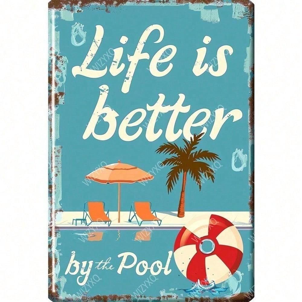 Retro Metal Wall Art Life is Better by the Pool Rustic Coastal Beach Decor with Palm Tree 20x30cm