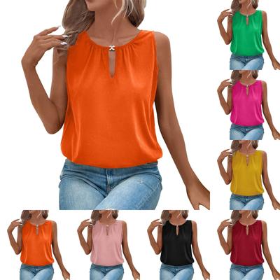Women's Personalized Solid Color Round Neck Buckle Sleeveless Top