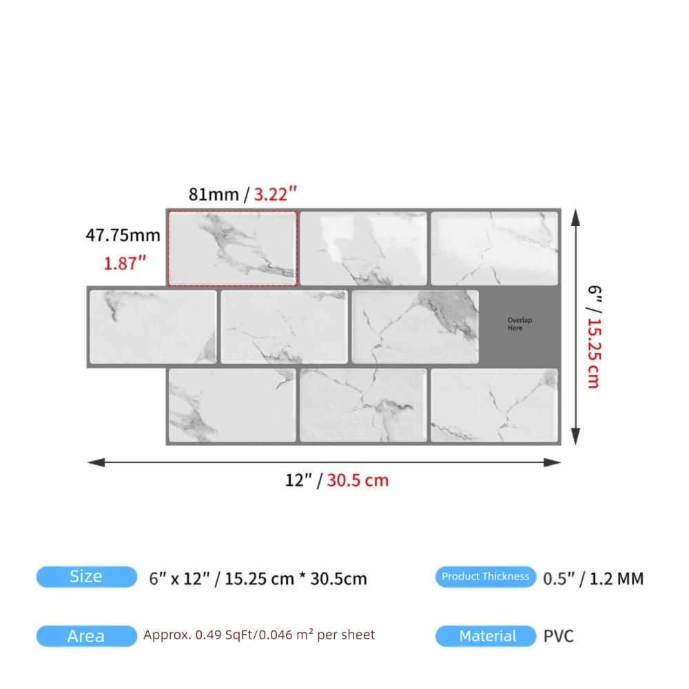 6 Stück 3D Wandfliesenaufkleber Wasserdichte PVC Imitation Fliesenaufkleber Selbstklebende Dekorationsfliesenaufkleber für Küche und Bad