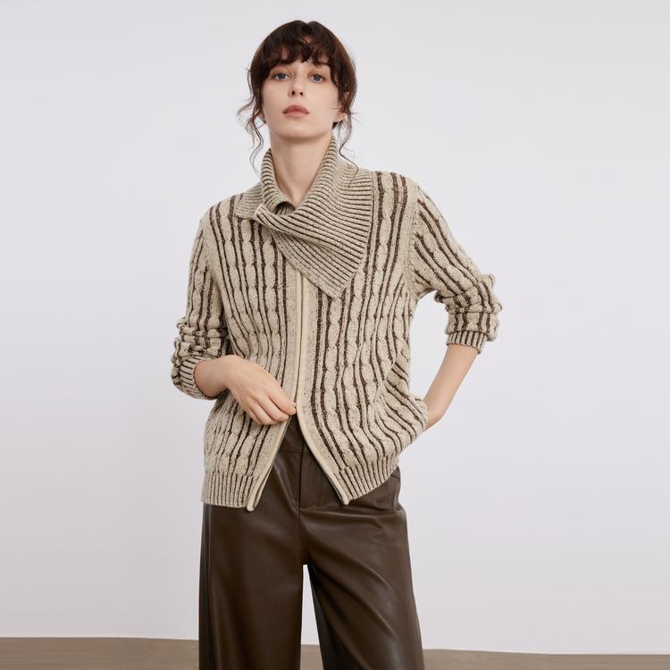 ELLE French Design Lapel Knitted Zipper Sweater Women sweater Brown EM49576