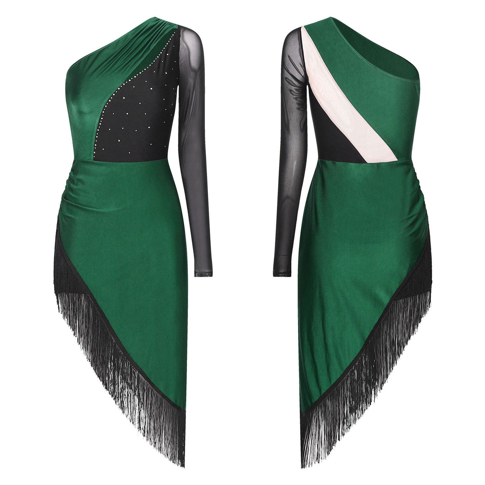 

Платье для латинских танцев с бахромой для женщин, латинский наряд, женское струящееся платье для соревнований с кисточками, танцевальный костюм для сальсы, танго, самбы, румбы S зелёный
