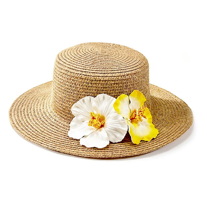 Foldable Flat Top Straw Sun Hat with Frangipani Flower Decoration for Beach Travel
