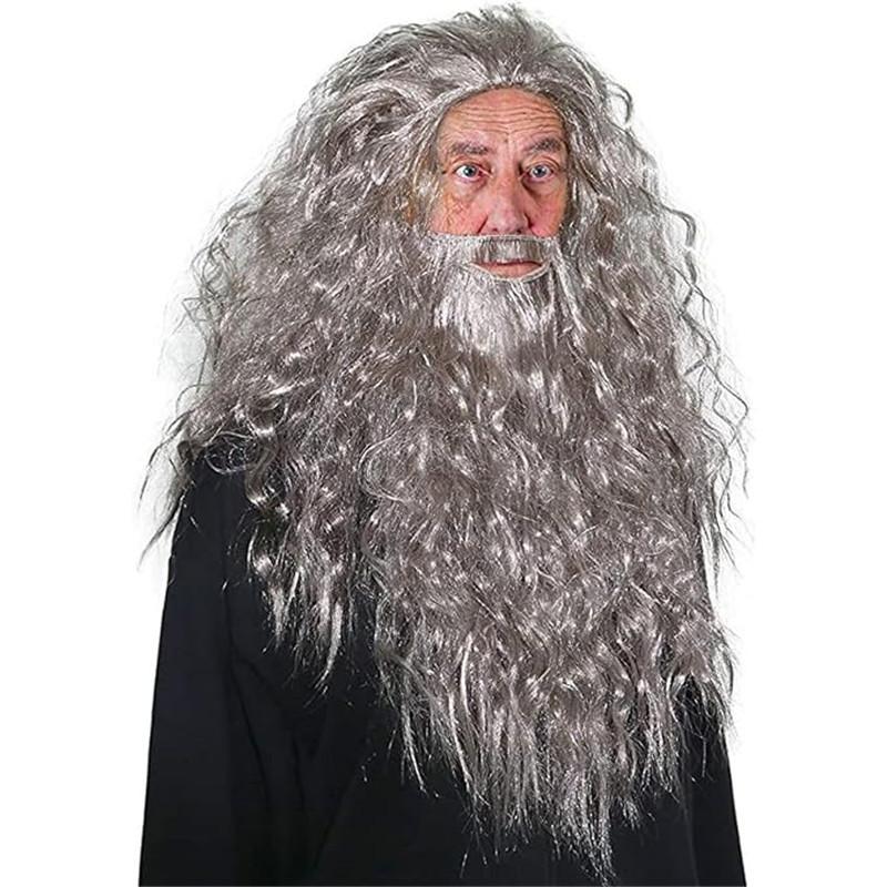 

Brown Fluffy Small Roll Synthetic Wig Adult Wizard Cosplay Synthetic Wig with Beard Anime Party Festival Accessory сірий колір