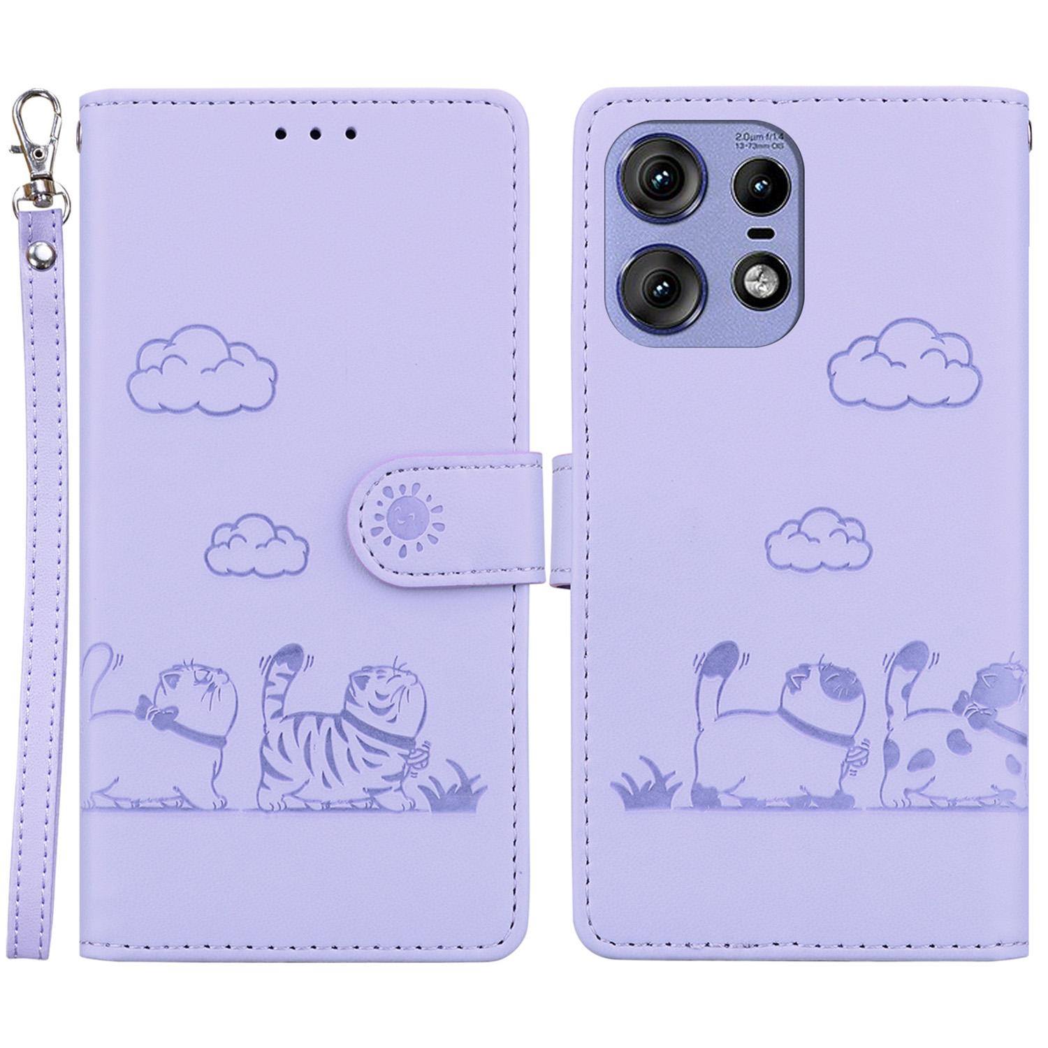 

For Motorola Edge 50 Pro 5G Case RFID Blocking Kitten Pattern TPU+PU Leather Phone Cover Purple