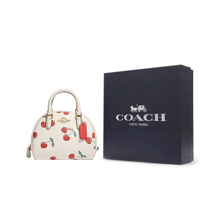 Coach Sydney 21 Zipper Cherry Print Coated Canvas And Leather Shoulder Crossbody Handbag Small Women Handbags White CF421-IMCAH
