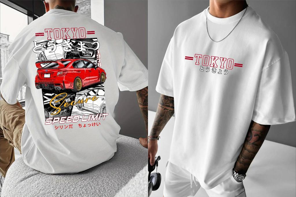 2026 Unisex Summer Streetwear T-Shirt Tokyo Speed Limit Graphic & Red Sports Car Print Loose Fit Casual Tee Print Summer