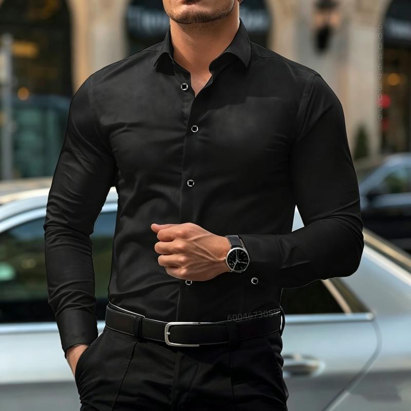 Men's Contrasting Striped Shirt Street Style Black and White Striped Slim Fit Shirt Business Casual Formal Shirt XS-6XL