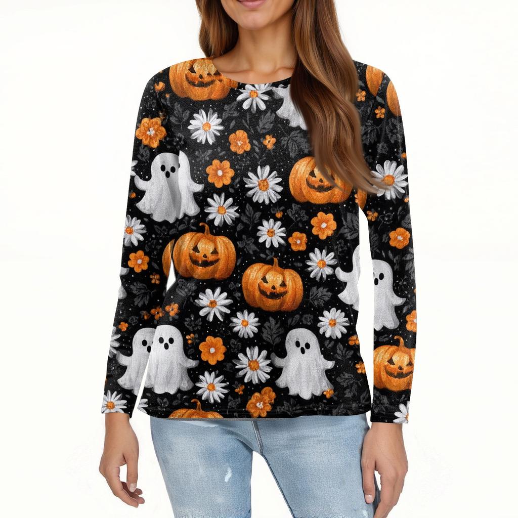 Damenmode Saumschlitz Lässig Halloween-Print Rundhals Langarm Oberteil