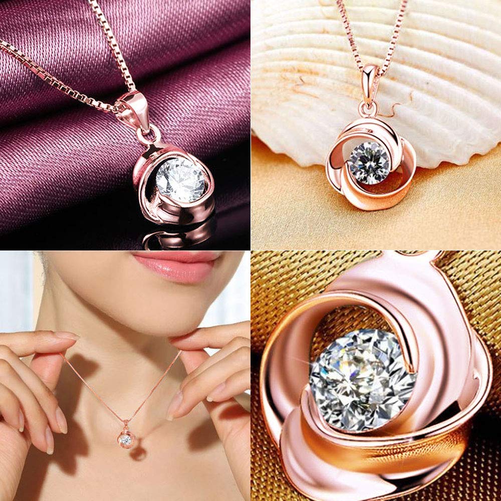 Women's Necklace with Single Diamond and CZ Diamond Flower Design (Pink Gold)