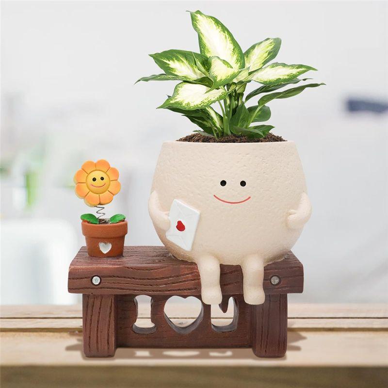 M-Modern-Cute Smileyface Planter Pot Sitting Sunflower Flower Pot Resin Head Planter For Indoor Outdoor Funny Sit Chair Pots