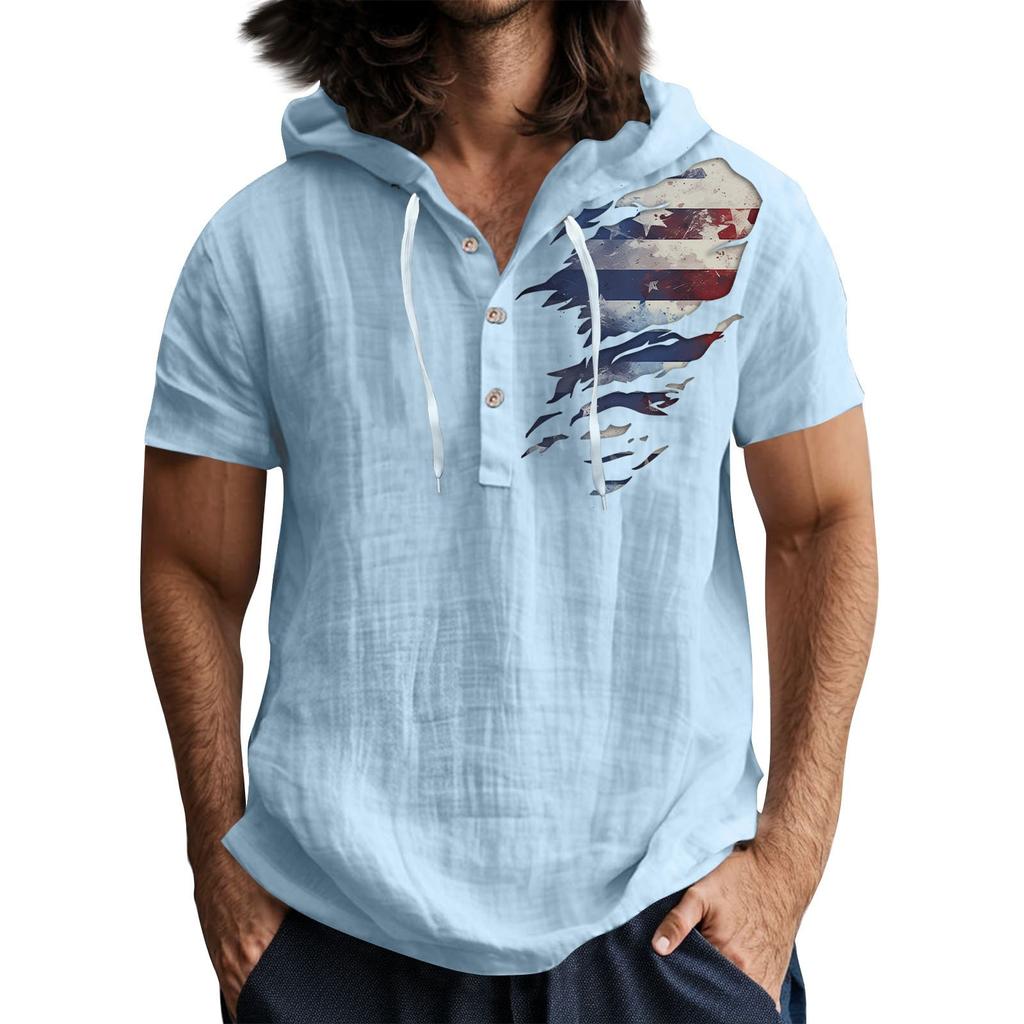Men'S Casual Short Sleeved Hooded Top Buttoned Open Neck T-Shirt