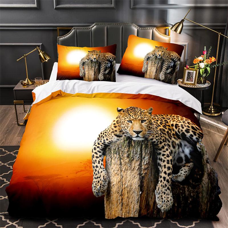 Tiger Leopard Lion Duvet Cover Set Africa Wild Animals Bedding Set 3D Red Rose Flowers Quilt Cover Twin King Queen Bedroom Decor