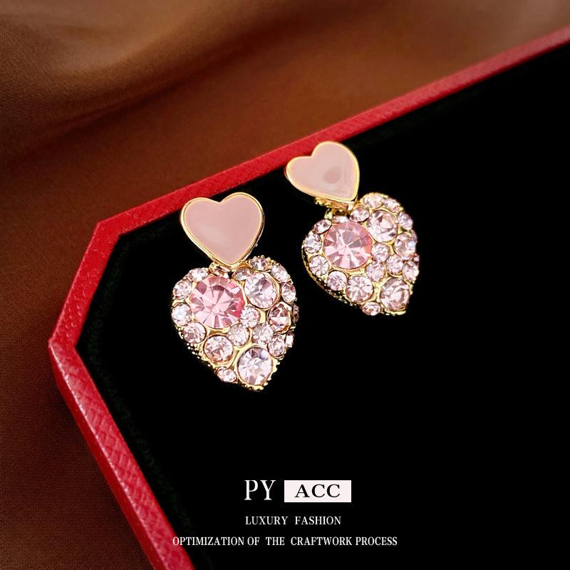 Real Gold Electroplated Silver Needle with Diamonds, Dripping Oil Love Earrings, Korean Light Luxury Temperament Earrings, Exquisite Niche Earrings.