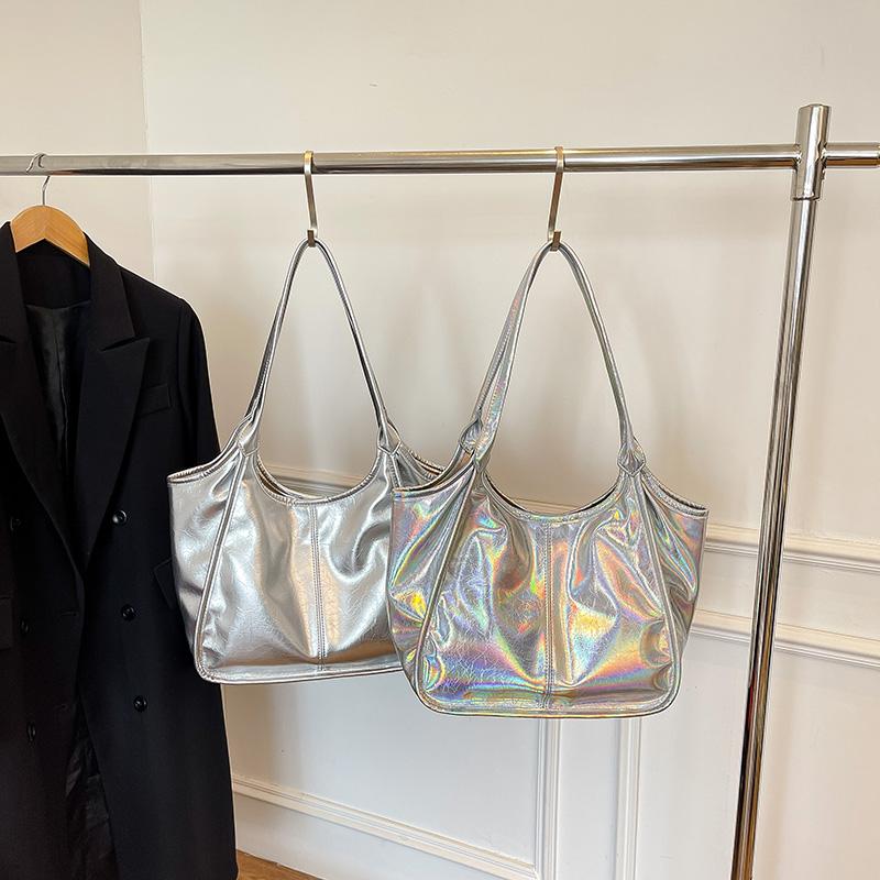 Korean Fashion Holographic Leather Womens Underarm Shoulder Bags Large Capacity Ladies Commute Shopping Bags Soft Tote Handbags
