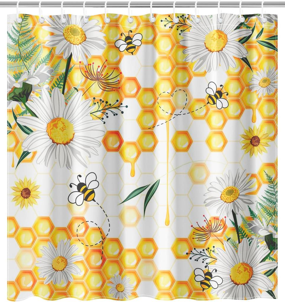 Bee Shower Curtain Set Yellow Honeycomb White Daisy Shower Curtain For Bathroom Honeybee Fabric Shower Curtain With Inches
