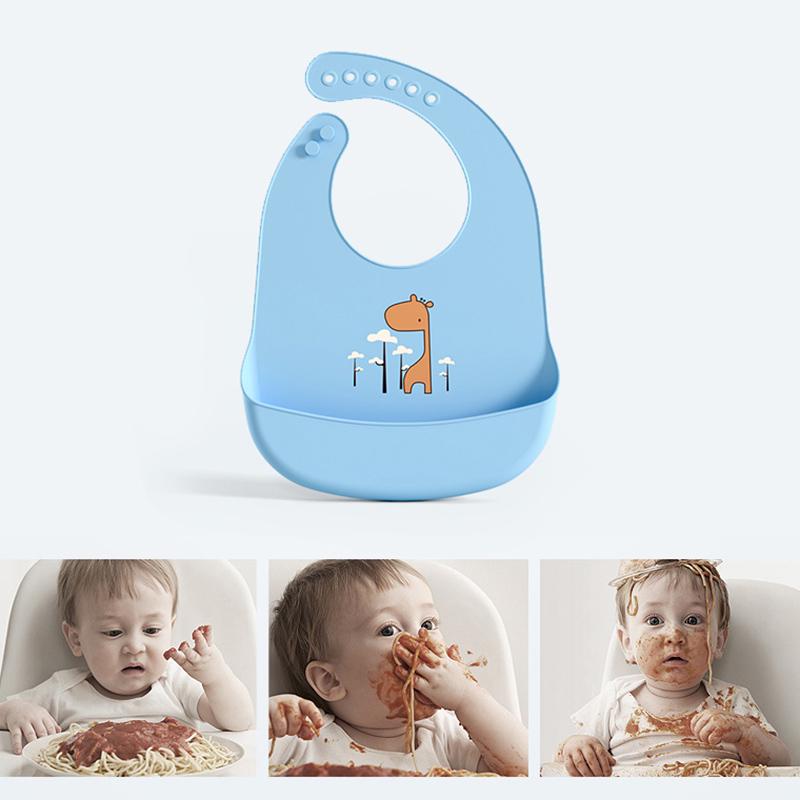 Cute Waterproof Soft Silicone Baby Bibs Solid Color Cartoon Print Baby Feeding Stuff Kids Girl Boy Adjustable Children Bib