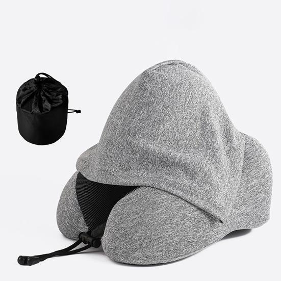 Travel Neck Pillow with Hood Memory Foam U-shaped Pillow with Adjustable Drawstring Breathable Neck Cushion for Airplane Car Long Flights Road Trips