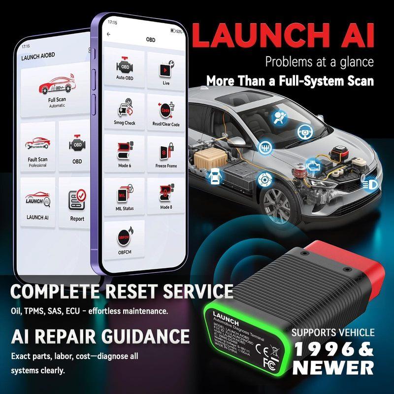 LAUNCH AIOBD Bluetooth OBD2 skaitytuvas, visų sistemų diagnostika, dirbtinis intelektas paprastai paaiškina gedimus, veikia su IOS ir Android
