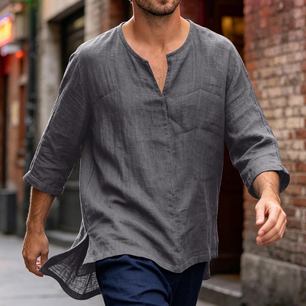 Men's Casual Linen Cotton Blend Three Quarter Sleeve Shirt Loose Fit Lightweight Breathable Summer Top