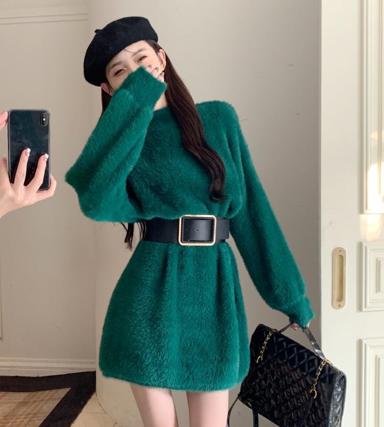 

Зимнее теплое винтажное вязаное мини-платье с поясом, женские элегантные платья-свитера, уличная одежда, однотонная повседневная одежда в Корейском стиле XL зелёный