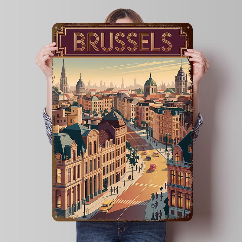Brussels Cityscape Art Deco Style Tinplate Poster Custom Wall Art Vintage Metal Signs Retro Tin Plaque for House Decor Man Cave