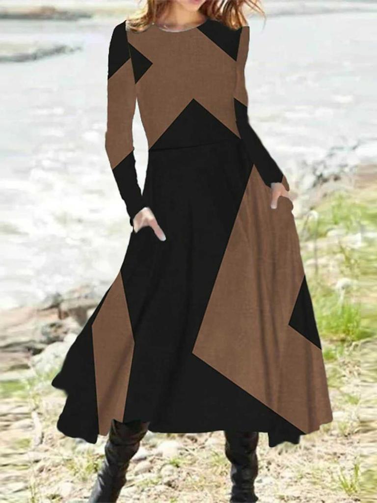 Autumn/Spring Crew Neck Casual Vacation Women's A-Line Midi Dress