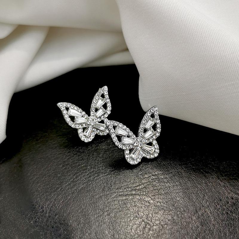 Eryun wish white diamond zircon butterfly stud earrings super flash temperament three-dimensional earrings