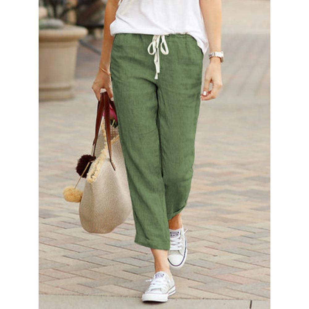 Women's Drawstring Waist Linen Pants Loose Straight Leg Trousers Casual Solid Color Elastic High Waist Joggers For Summer Daily Wear