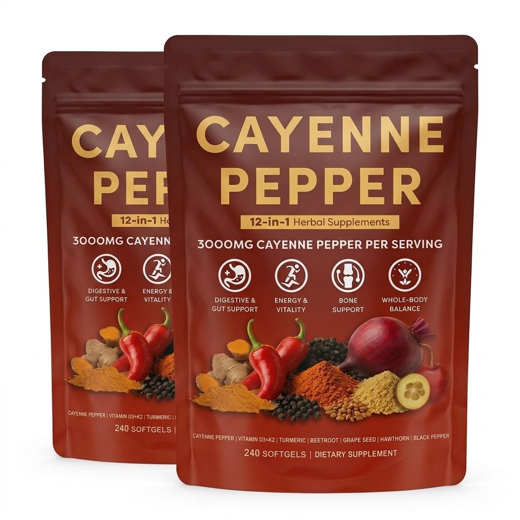 Formula Premium per il Supporto di Cuore e Vasi Sanguigni – Complesso di Peperoncino di Caienna con D3+K2, Curcuma e Berberina (240 Capsule Morbide, Miscela Erboristica 12-in-1)