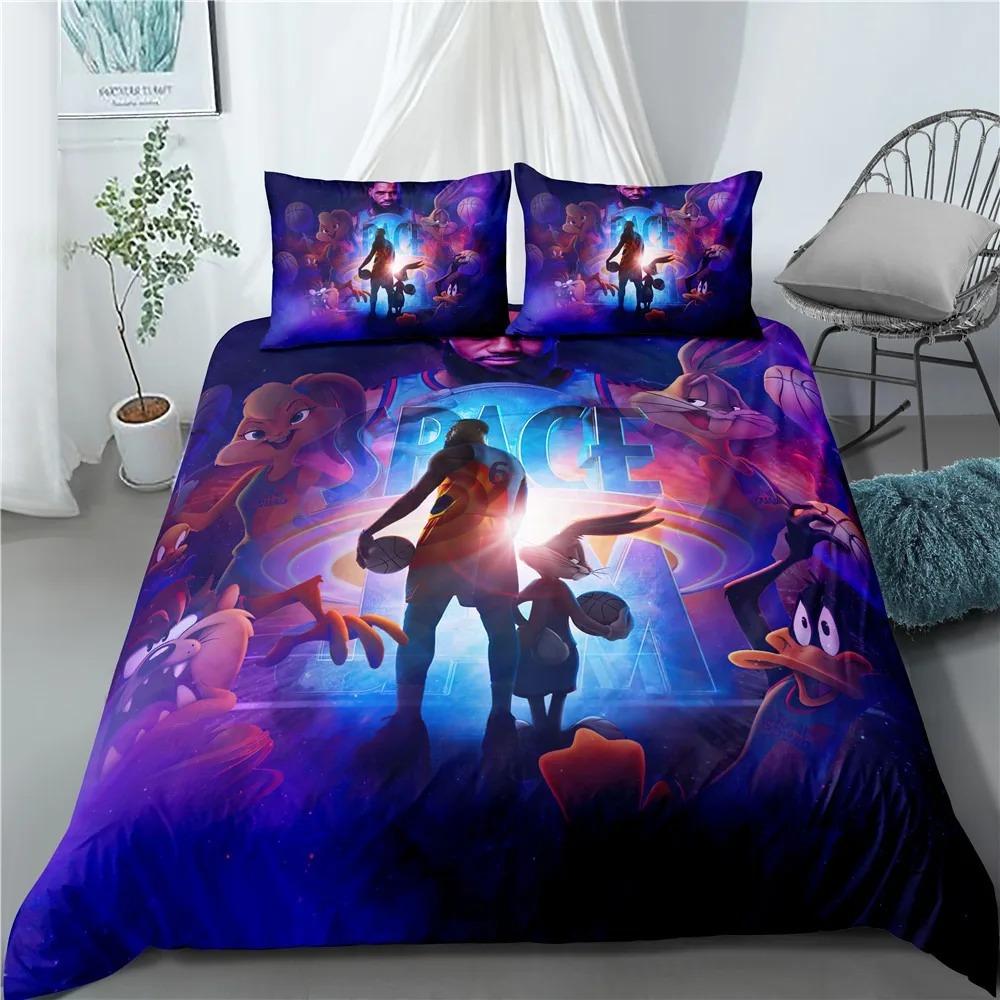 Ensemble de literie Anime Space Jam A New Legacy Housse de couette Taie d'oreiller Décoration de chambre à coucher pour adultes et enfants Cadeau Simple Double Grande Taille 135x200cm (3pcs)