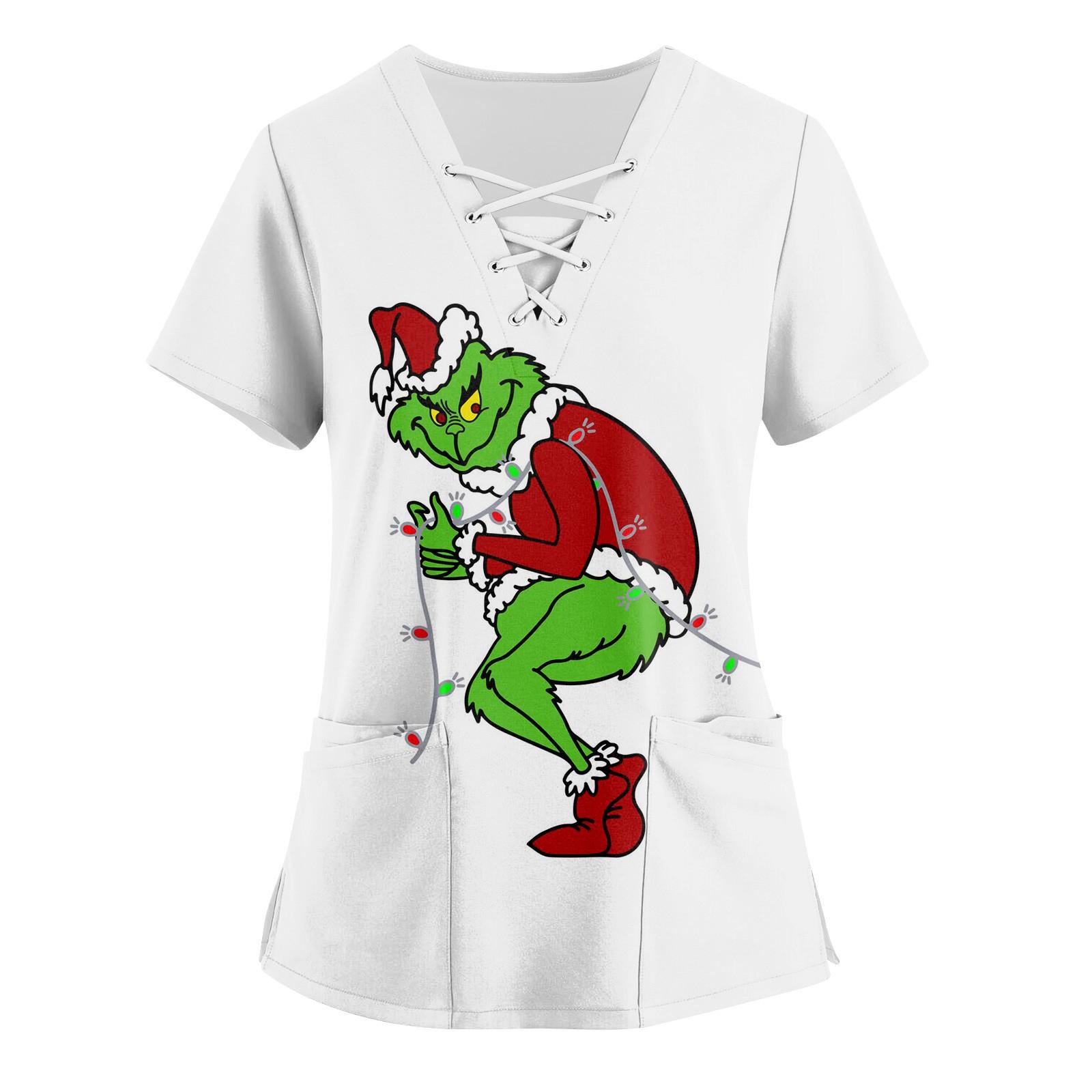 

Женская униформа с мультяшным принтом, рабочая униформа, защитная рабочая форма с v-образным вырезом и карманами, рождественская XL белый