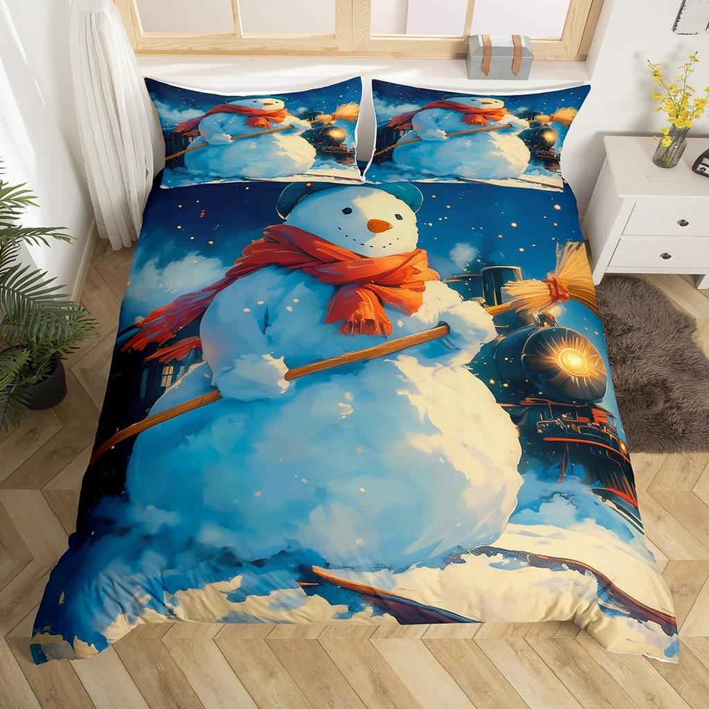 Winter Snow Train Duvet Covers For Kids Teens Queen Size Lightweight Quilt Covers Train Railway Track Bedding Set No Comforter