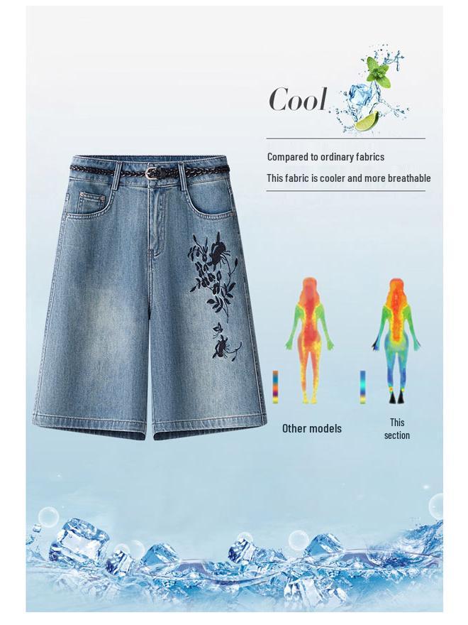 2025 New Retro High-Waist Women's Wide-Leg Denim Shorts with Chinese Embroidery - Summer Style