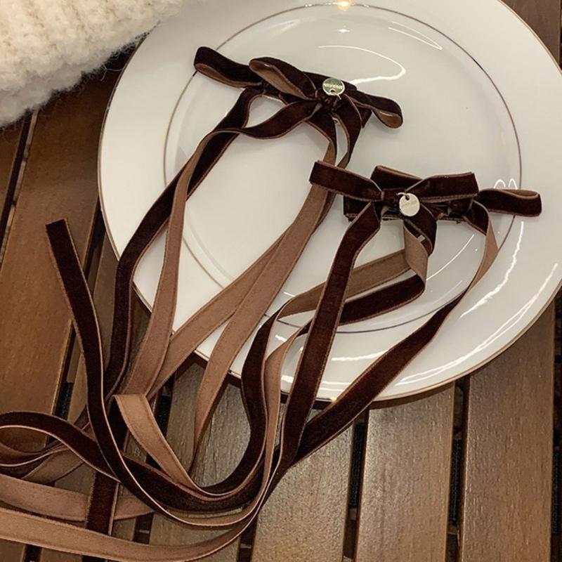 Vintage Long Ribbon Velvets Bowknot Hairband Side Clip Elegant Hairpins Fashion Hair Accessories Jewelry for Women Girls