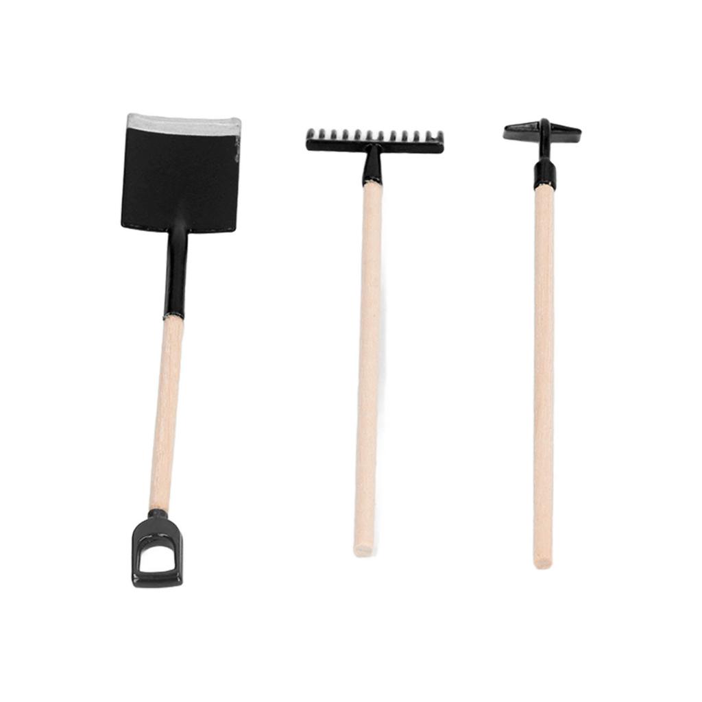 1:12 Scale Miniature Garden Hand Tools Alloy Wooden Dollhouse Rake Zen Shovel Model for Decoration