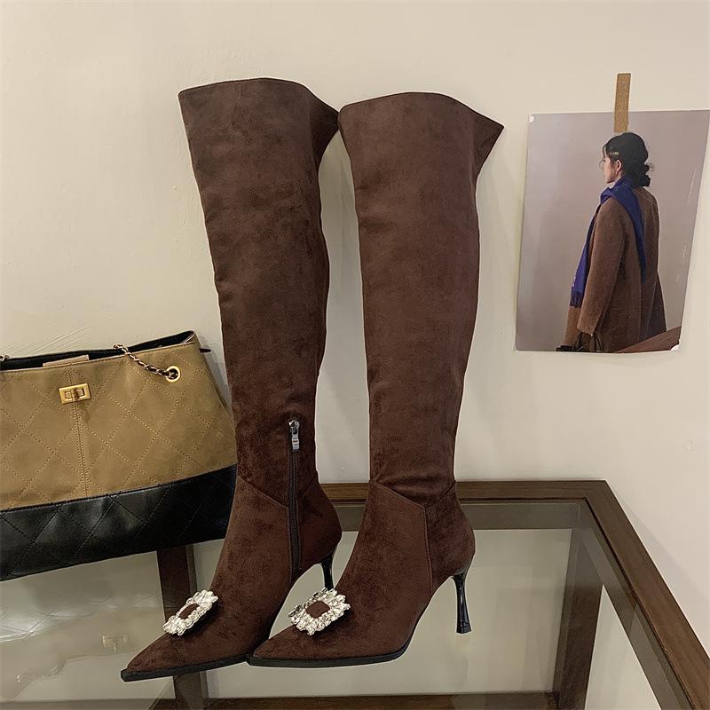 Mi Ting high boots temperament pointed rhinestone square buckle knee boots women can wear more high-heeled American thin boots