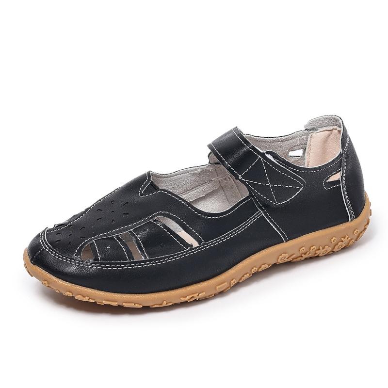 Women's Plus Size Closed Toe Roman Sandals, breathable hollow out flat design with comfy soft fit for daily casual walking wear