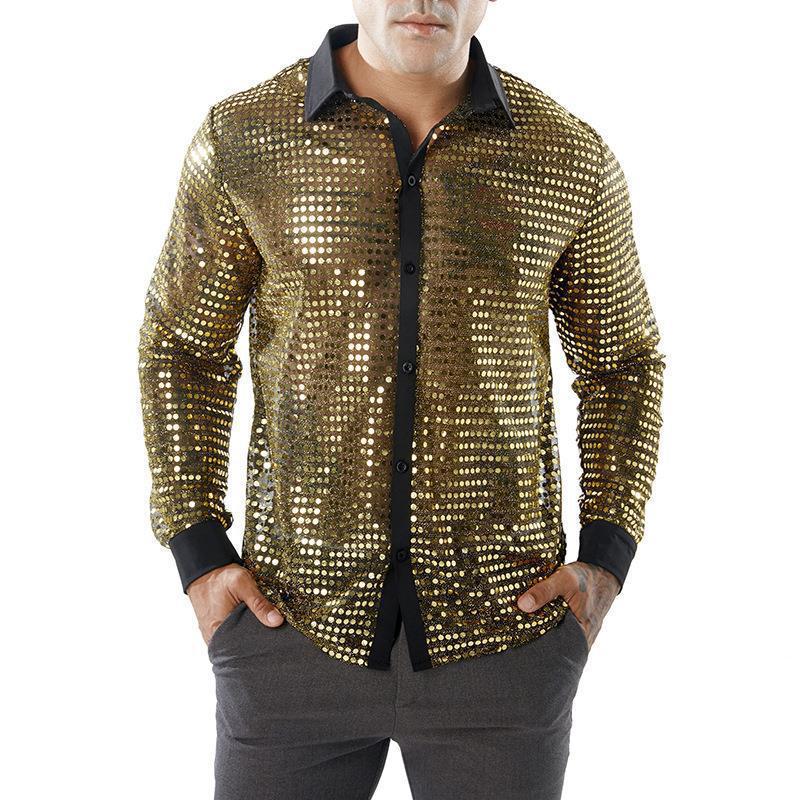 Fashion Men's Sparkly Sequins Party Dance Shirts Retro Disco Nightclub Shirt Single Breasted Performance Clothin