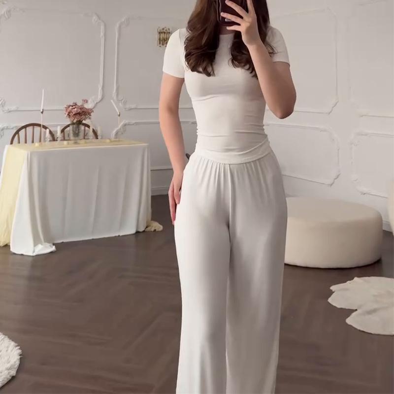 Casual Long Pants Suits Women O-neck Short Sleeve T-shirt Elastic Waist Trousers Set Spring Summer Solid Lady Household Clothes
