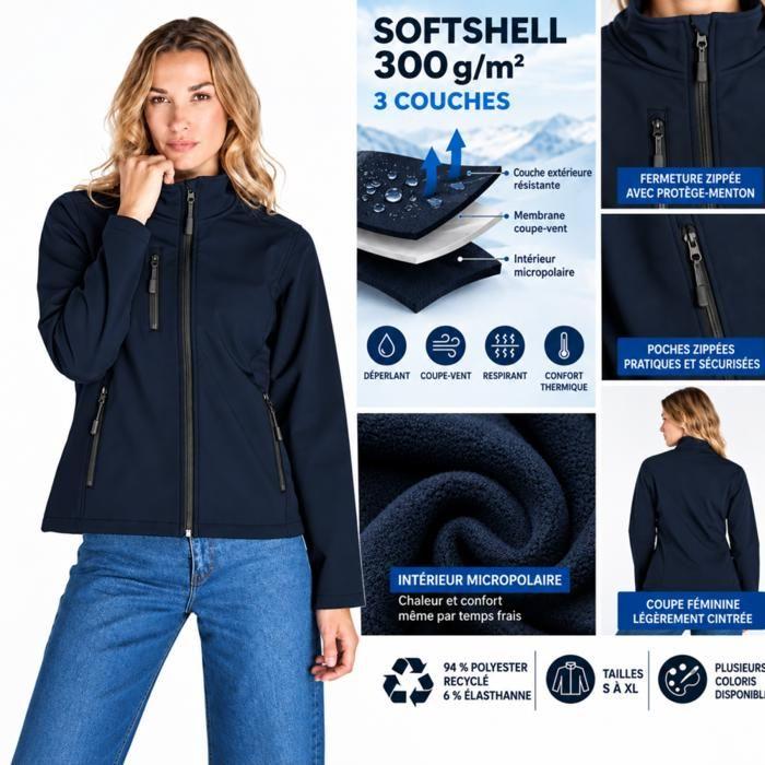 Veste Softshell Femme Bleu Marine 300 g/m² – Coupe-Vent et Résistante à la Pluie - Taille : M - Bleu