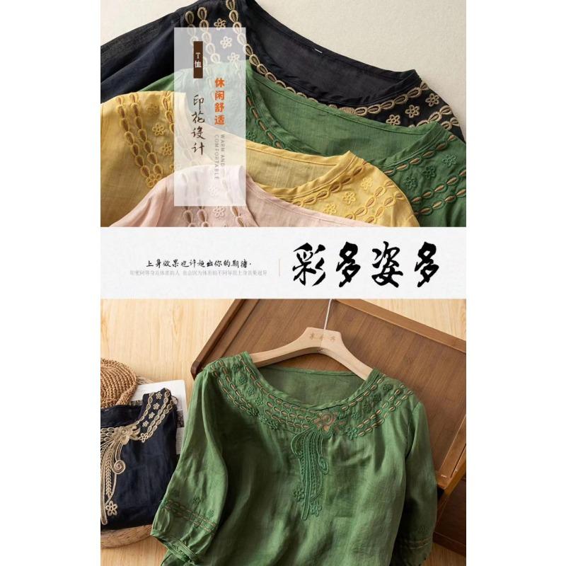 Women Summer Embroidered Round Neck Linen Cotton Blouse