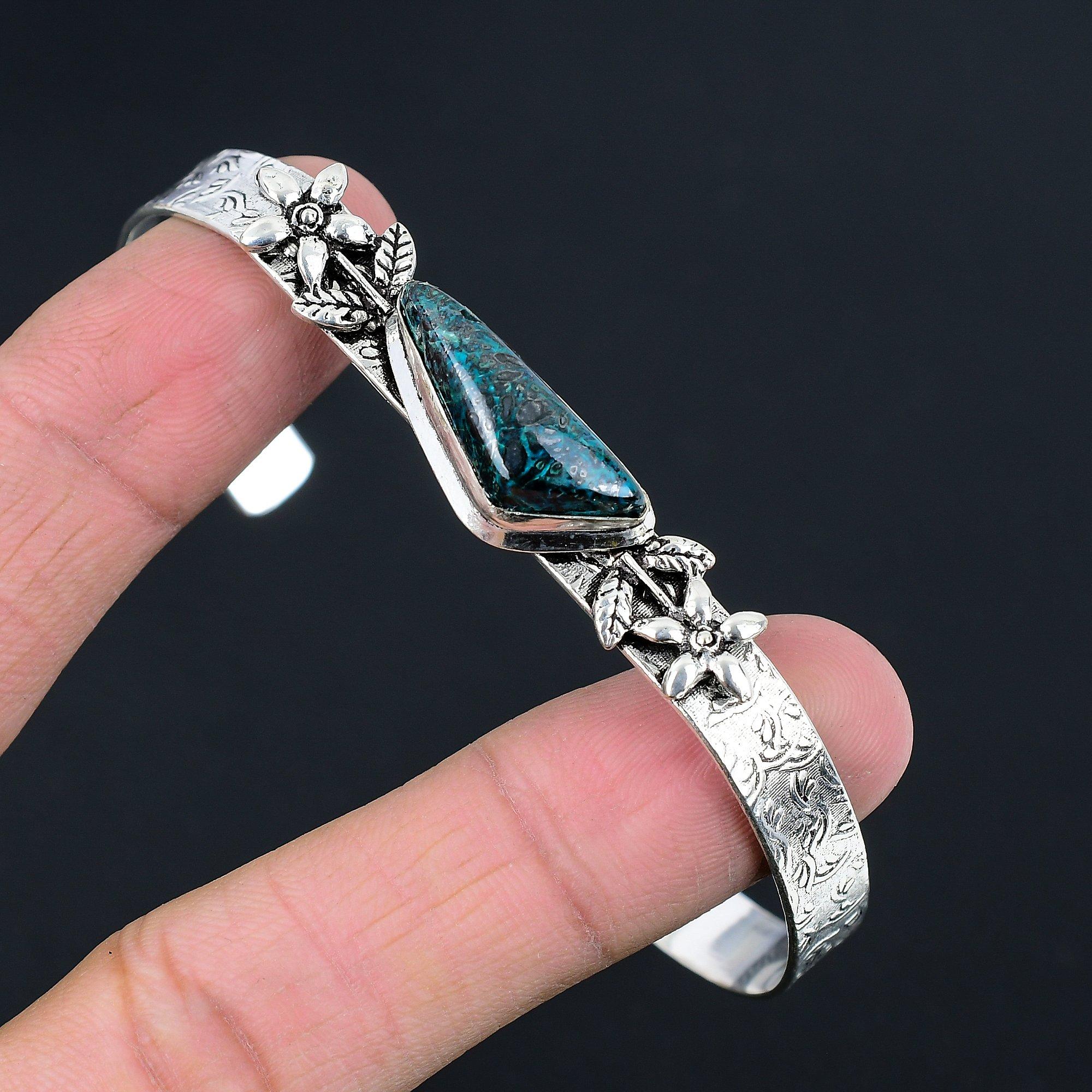 

Trillion Blue Azurite Gemstone Ethnic Flower Wife Boho Bangle Jewelry 925 Silver Adjustable