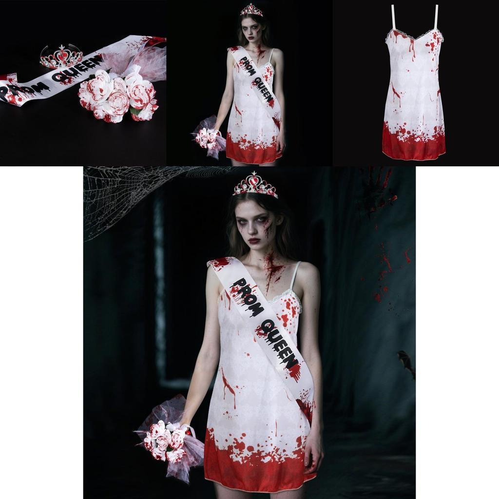 Halloween Ghost Bride Costume With Shoulder Straps And Handheld Bouquet For Cosplay And Party Events