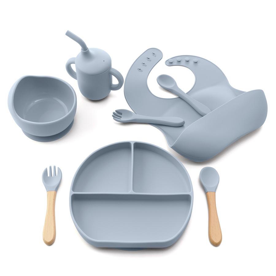8/Pcs/Set Baby Food Feeding Tableware Sucker Bowl+Spoon+Fork Eating Dinnerware For Children Dishes Baby Bib Cup Baby Stuff