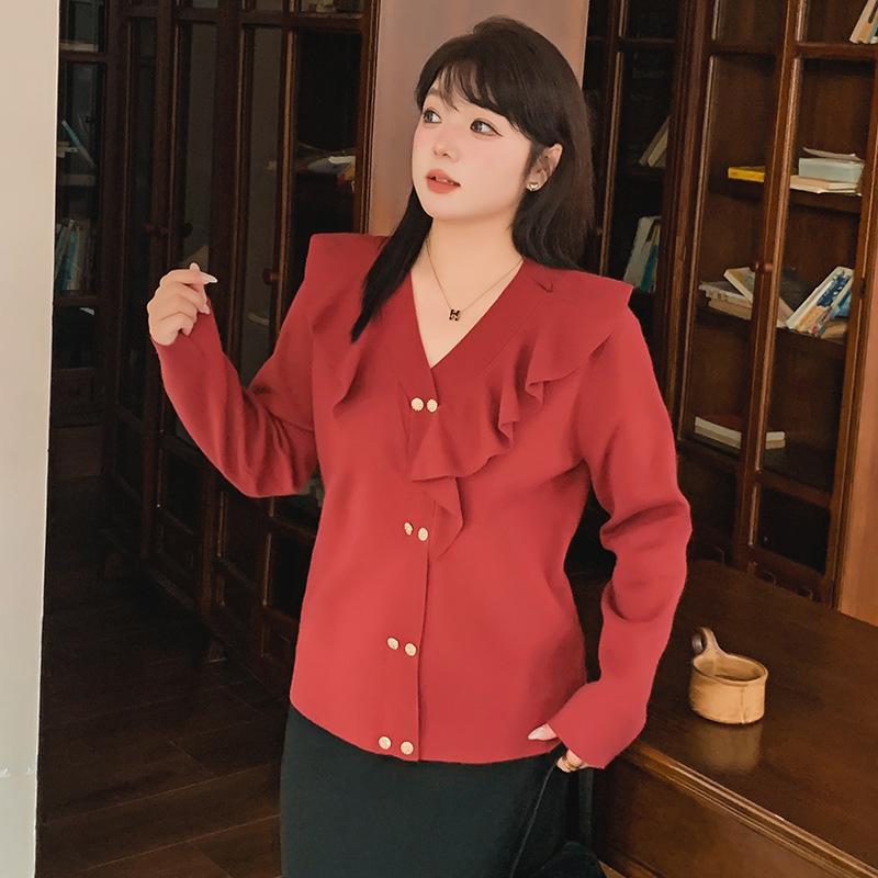 Damen Übergröße V-Ausschnitt Rüschenoberteile Strickwaren Herbst und Winter Temperament Pullover