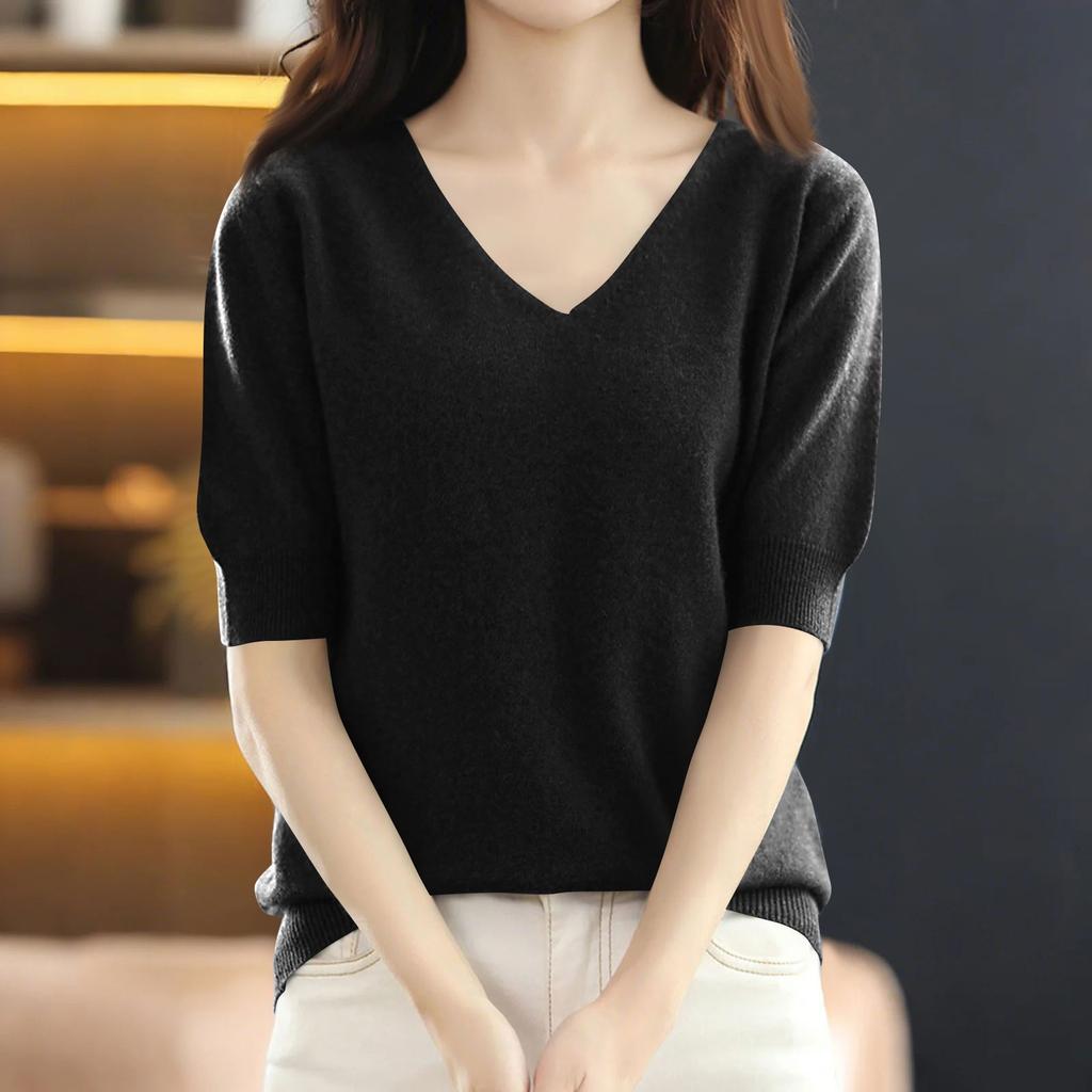 Women's Fashion Loose Knit Sweater Bottom Shirt V-Neck Pullover Sleeves Solid Color Top